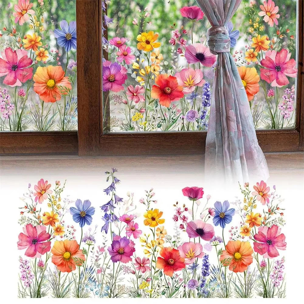 DJ3064 Colorful Floral Double Sided Window Sticker Removable PVC Wall Decal for Living Room Bedroom - 1