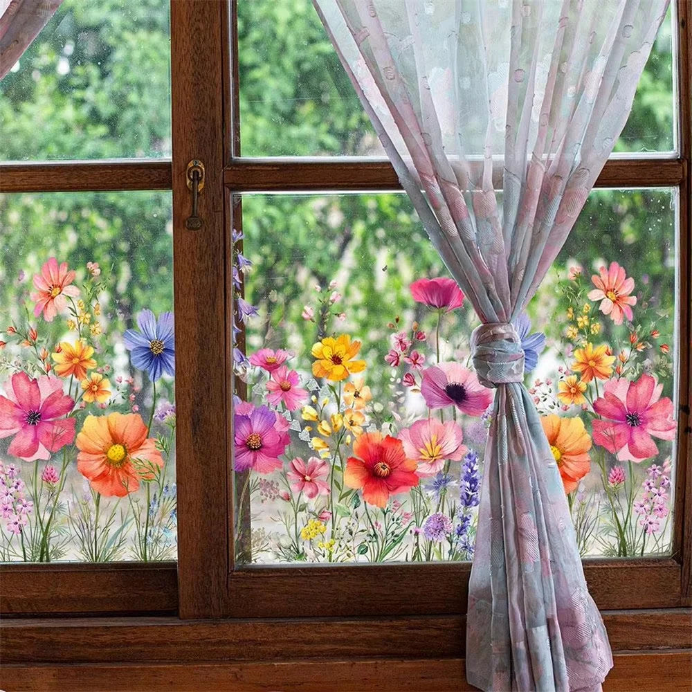 DJ3064 Colorful Floral Double Sided Window Sticker Removable PVC Wall Decal for Living Room Bedroom - 3