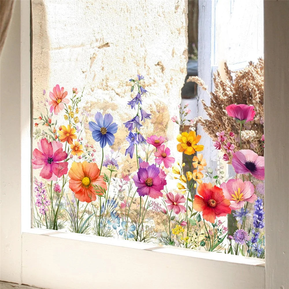 DJ3064 Colorful Floral Double Sided Window Sticker Removable PVC Wall Decal for Living Room Bedroom - 7