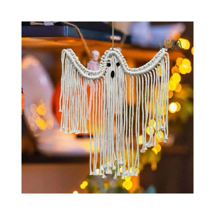 Halloween Handmade Woven White Ghost Tapestry Spooky Holiday Wall Hanging Decoration, Size S - 2