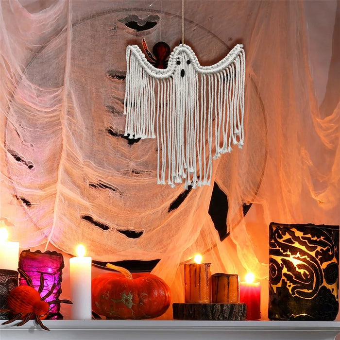 Halloween Handmade Woven White Ghost Tapestry Spooky Holiday Wall Hanging Decoration, Size S - 6