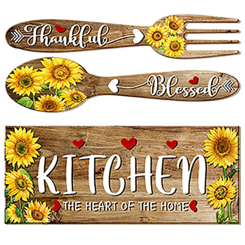 2Pcs / Set Sunflower Spoon Fork Pattern Wall Sticker Kitchen Dining Room Decor Removable Waterproof PVC Decal - 1