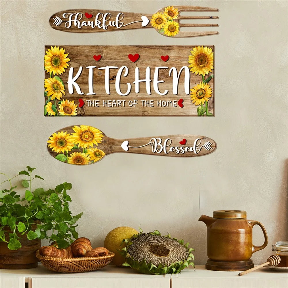 2Pcs / Set Sunflower Spoon Fork Pattern Wall Sticker Kitchen Dining Room Decor Removable Waterproof PVC Decal - 2