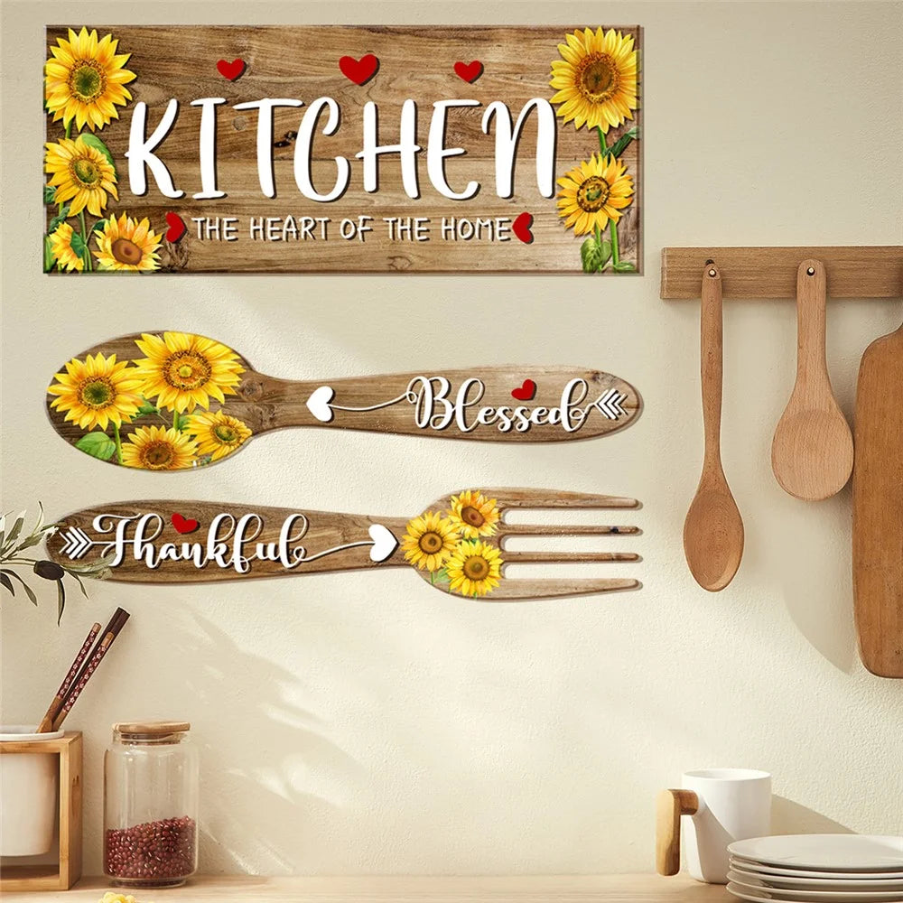 2Pcs / Set Sunflower Spoon Fork Pattern Wall Sticker Kitchen Dining Room Decor Removable Waterproof PVC Decal - 3