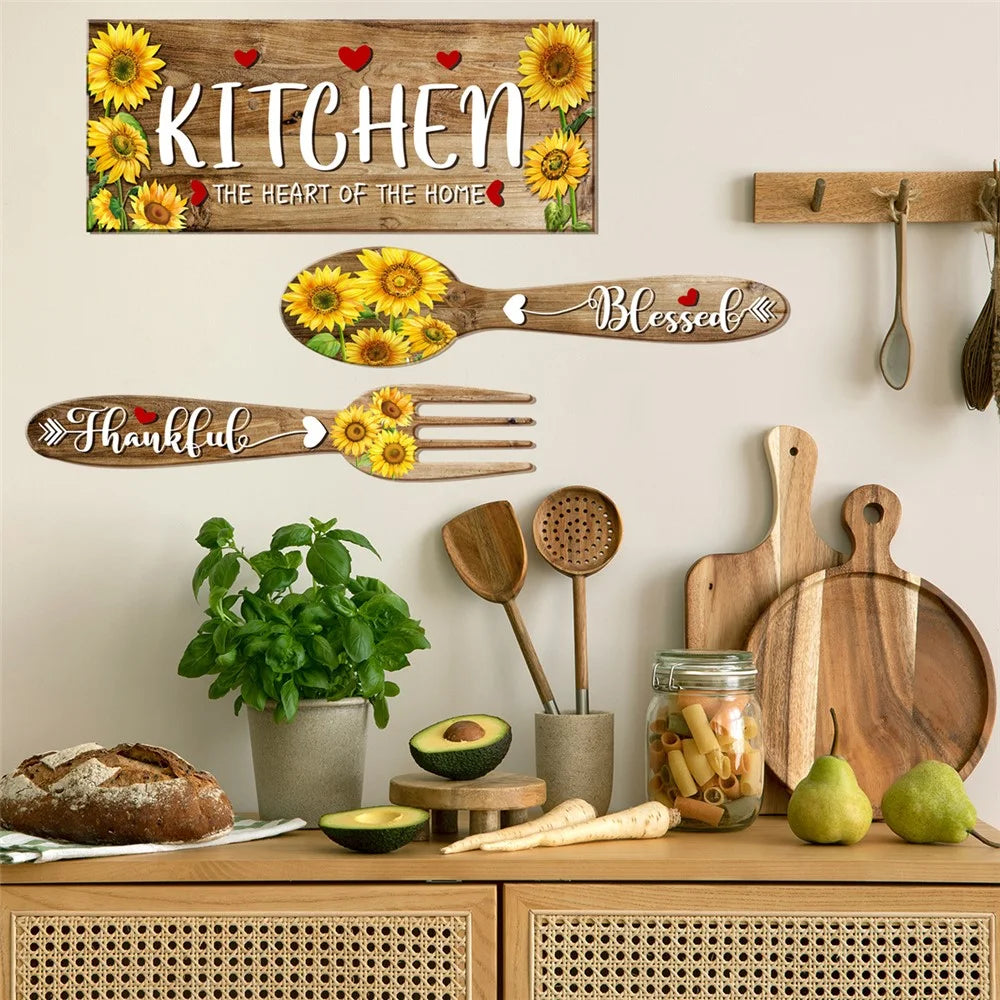 2Pcs / Set Sunflower Spoon Fork Pattern Wall Sticker Kitchen Dining Room Decor Removable Waterproof PVC Decal - 4