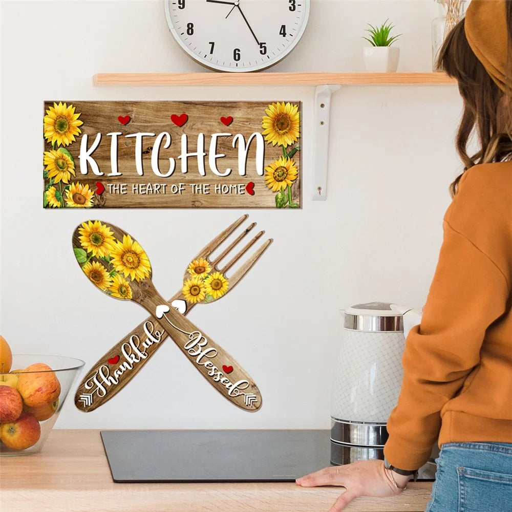 2Pcs / Set Sunflower Spoon Fork Pattern Wall Sticker Kitchen Dining Room Decor Removable Waterproof PVC Decal - 5