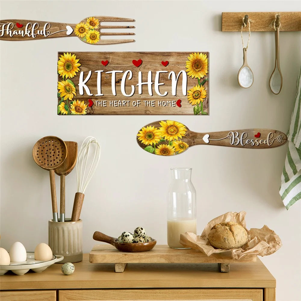 2Pcs / Set Sunflower Spoon Fork Pattern Wall Sticker Kitchen Dining Room Decor Removable Waterproof PVC Decal - 6
