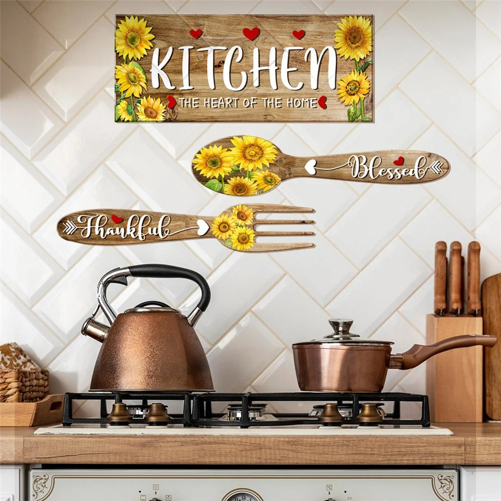 2Pcs / Set Sunflower Spoon Fork Pattern Wall Sticker Kitchen Dining Room Decor Removable Waterproof PVC Decal - 7