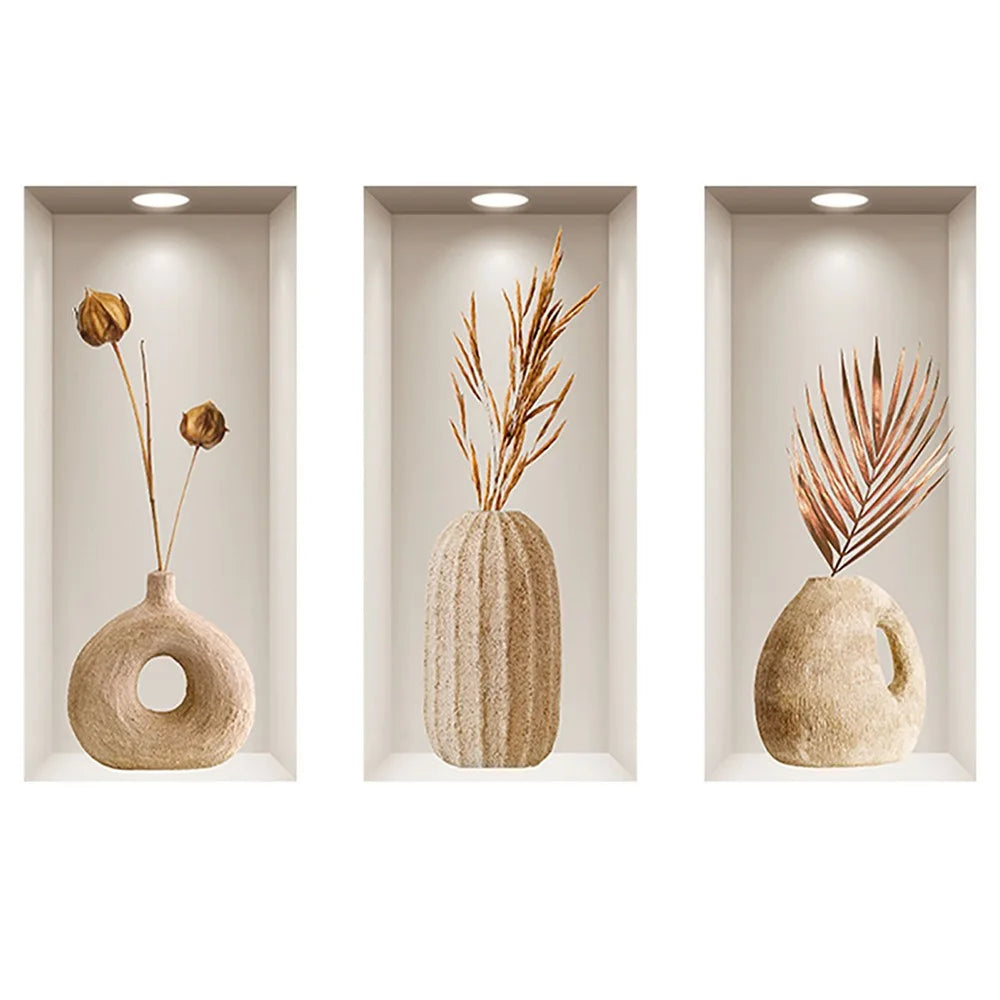 3Pcs / Set 3D Effect Clay Vase Wall Stickers PVC Entrance Hallway Decorative Mural Decals - 1