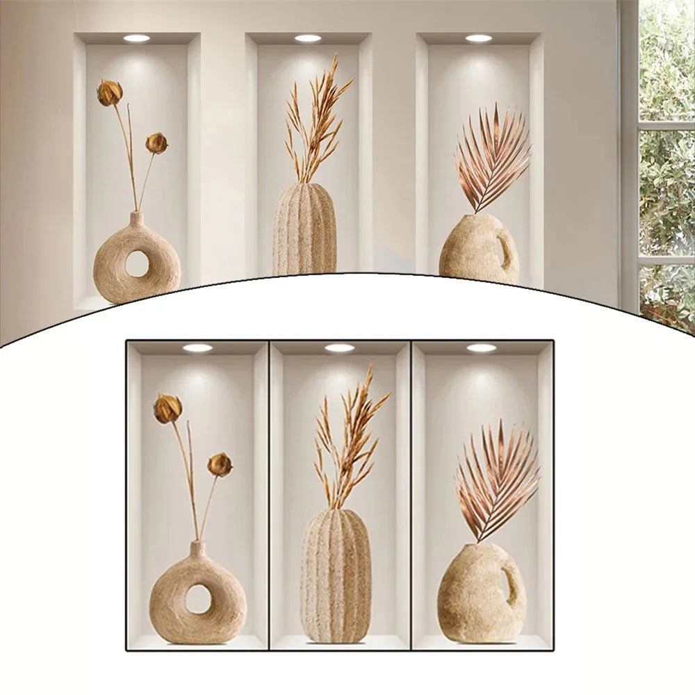 3Pcs / Set 3D Effect Clay Vase Wall Stickers PVC Entrance Hallway Decorative Mural Decals - 3