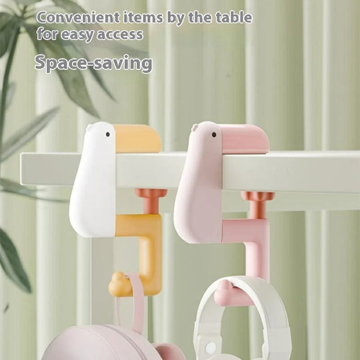 2Pcs Adjustable Desk Storage Hook for Students Cute Duck Design Backpack Hanger Table Edge Clip Space Saving - Pink - 2