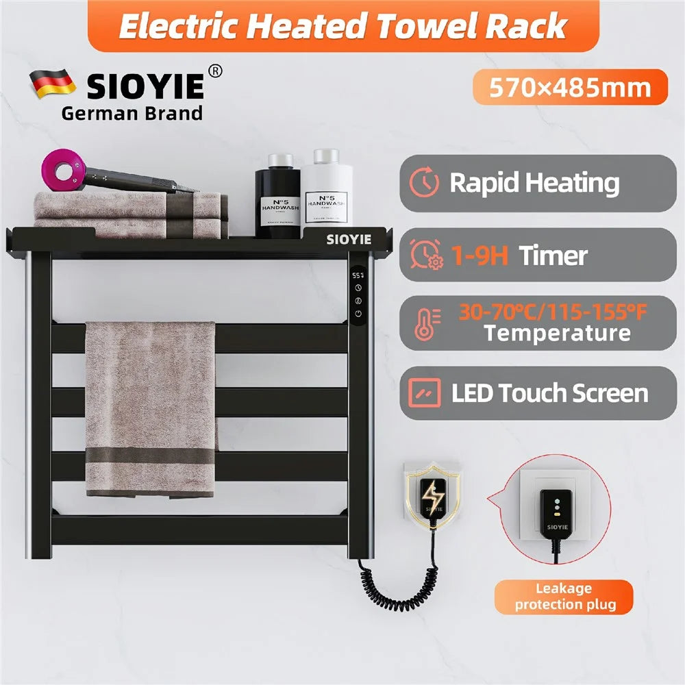 G50 Electric Heated Towel Warmer Rack Adjustable Temperature Bathroom Towel Fast Drying Metal Shelf - Right Wire Outlet / Black - 2