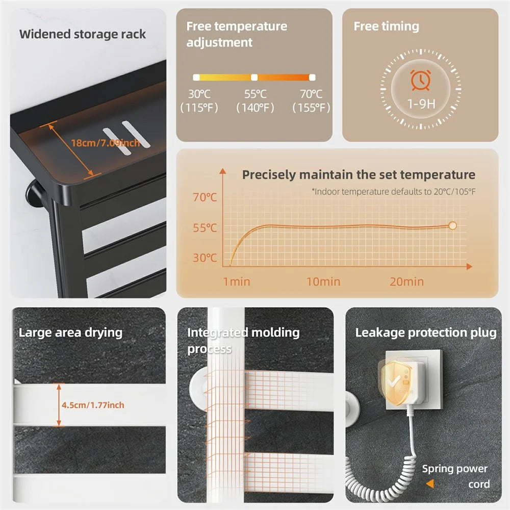 G50 Electric Heated Towel Warmer Rack Adjustable Temperature Bathroom Towel Fast Drying Metal Shelf - Right Wire Outlet / Black - 5