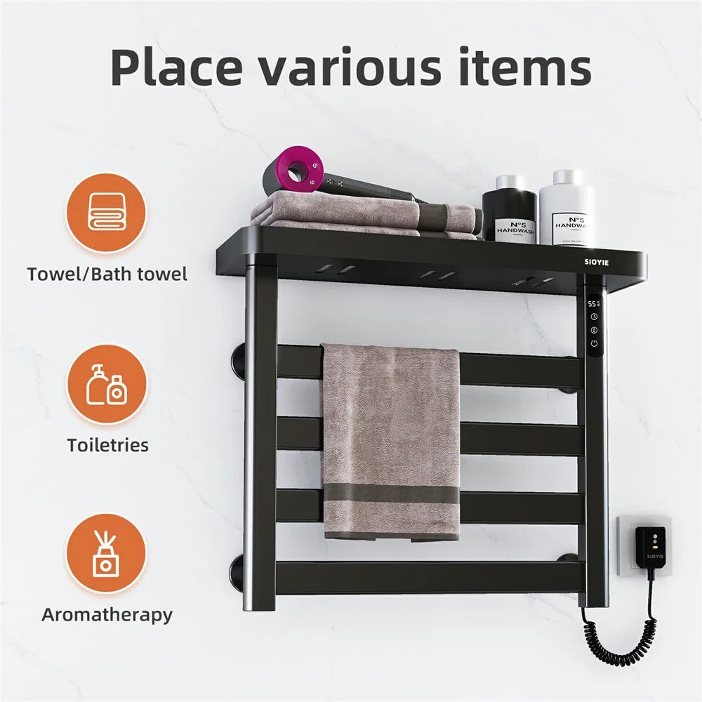 G50 Electric Heated Towel Warmer Rack Adjustable Temperature Bathroom Towel Fast Drying Metal Shelf - Right Wire Outlet / Black - 6