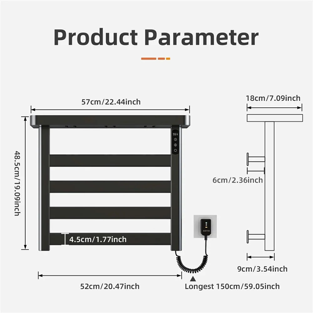 G50 Electric Heated Towel Warmer Rack Adjustable Temperature Bathroom Towel Fast Drying Metal Shelf - Right Wire Outlet / Black - 7