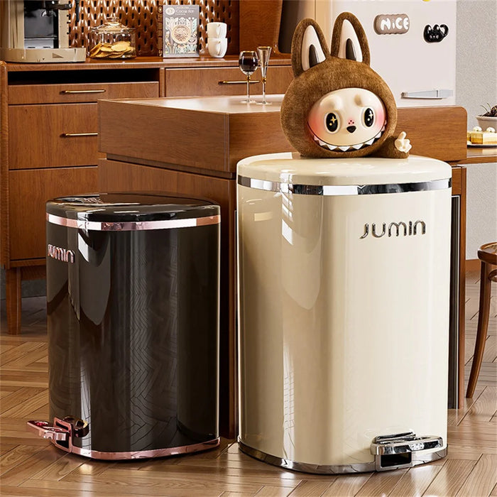 15L Electroplated Dual Layer Waste Bin Plastic Foot Pedal Trash Can with Lid for Kitchen Living Room, Size S - Black - 5