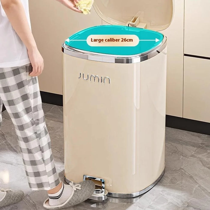 20L Electroplated Dual Layer Waste Bin Plastic Foot Pedal Trash Can with Lid for Kitchen Living Room, Size L - Cream White - 2