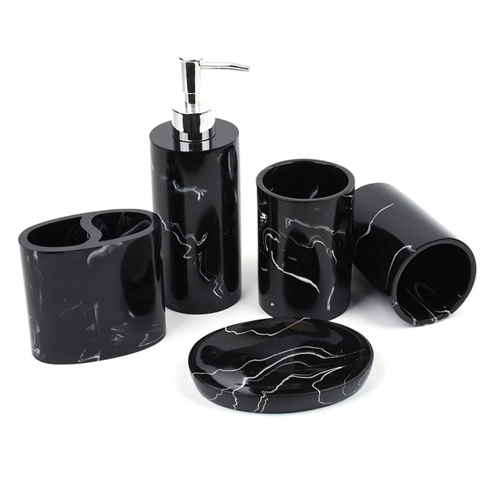 Nordic Marble Pattern 5-Piece Bathroom Accessories Set Resin Toiletries Kit Luxury Washroom Decor - Ink Black - 1
