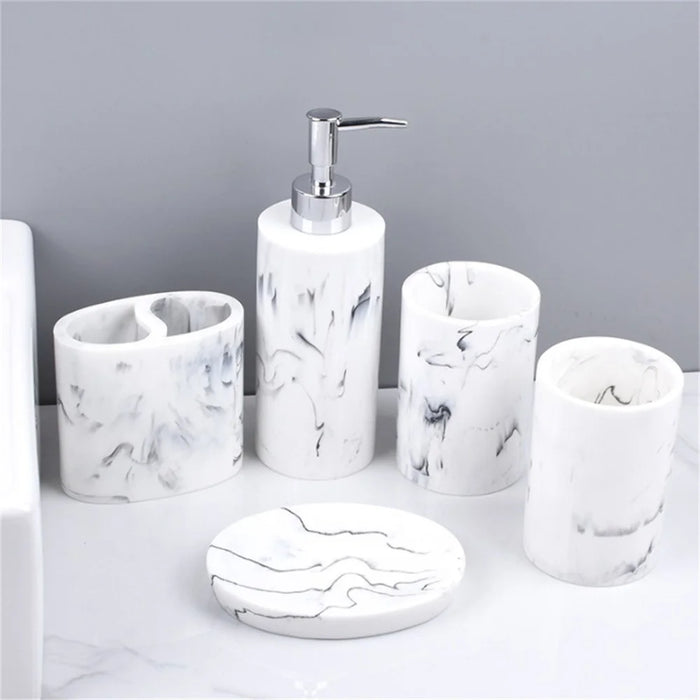 Nordic Marble Pattern 5-Piece Bathroom Accessories Set Resin Toiletries Kit Luxury Washroom Decor - Ink Black - 6