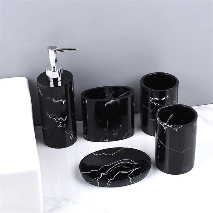 Nordic Marble Pattern 5-Piece Bathroom Accessories Set Resin Toiletries Kit Luxury Washroom Decor - Ink Black - 7