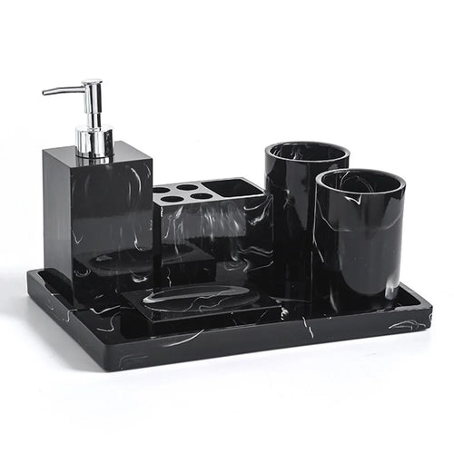 Marble Pattern Bathroom Accessories Set 6 Piece Luxury Toiletry Kit Soap Dispenser Toothbrush Holder - Ink Black - 1