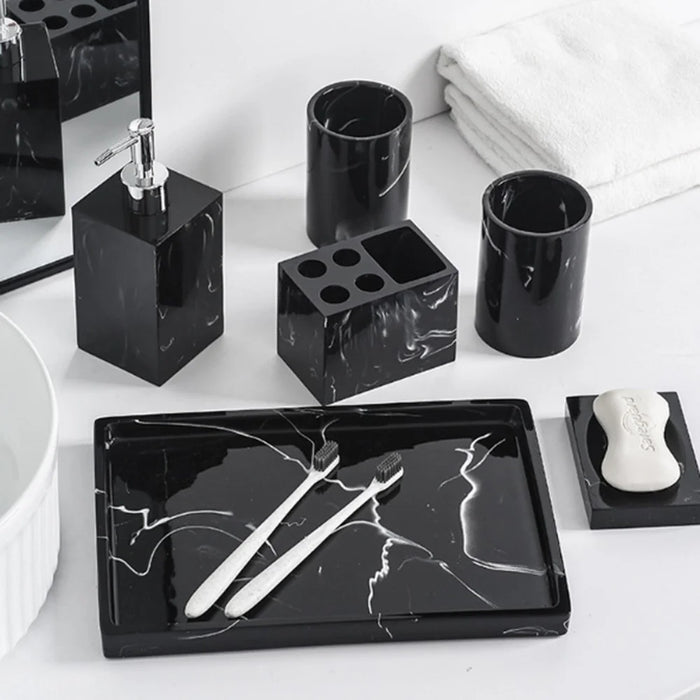 Marble Pattern Bathroom Accessories Set 6 Piece Luxury Toiletry Kit Soap Dispenser Toothbrush Holder - Ink Black - 2