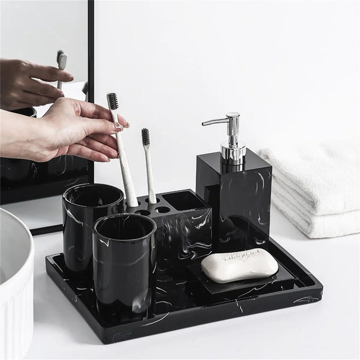 Marble Pattern Bathroom Accessories Set 6 Piece Luxury Toiletry Kit Soap Dispenser Toothbrush Holder - Ink Black - 3