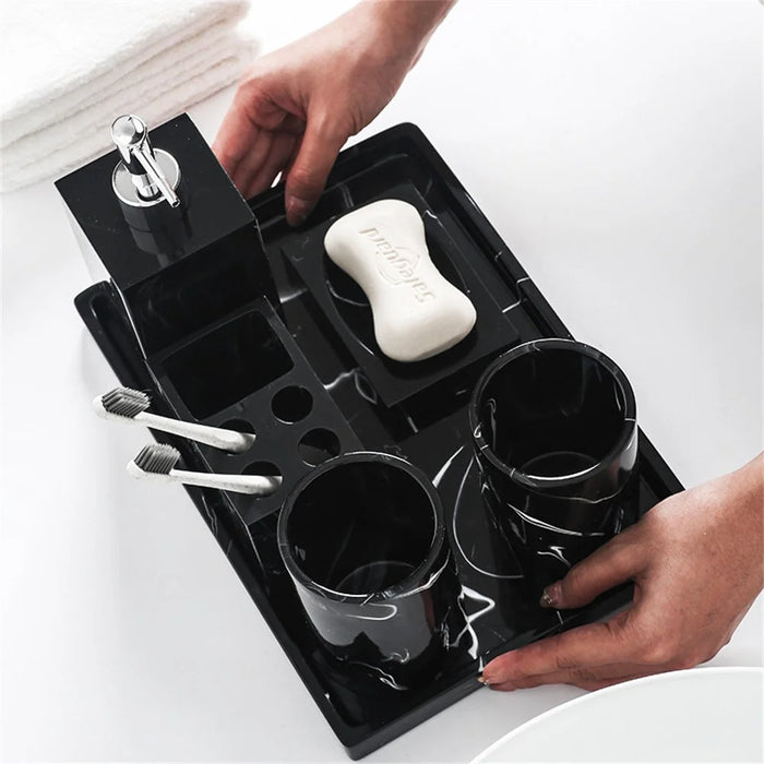 Marble Pattern Bathroom Accessories Set 6 Piece Luxury Toiletry Kit Soap Dispenser Toothbrush Holder - Ink Black - 4