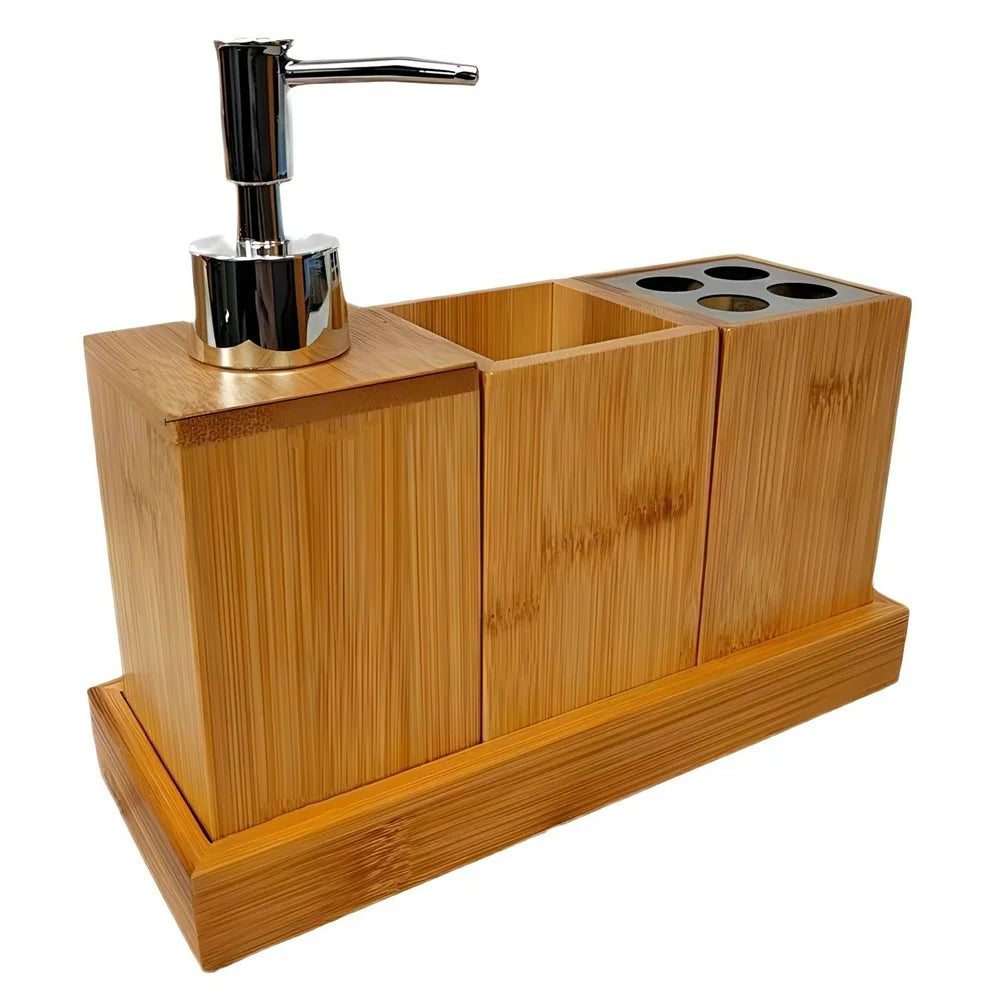 Bamboo Bathroom Accessories Set Toothbrush Holder Mouthwash Cup Lotion Dispenser Bottle with Base - 1