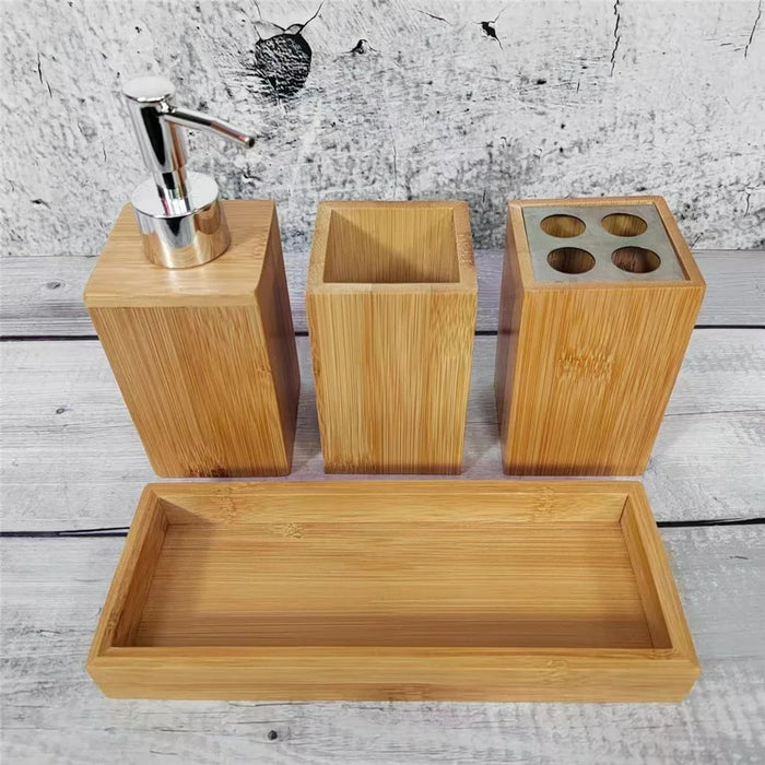 Bamboo Bathroom Accessories Set Toothbrush Holder Mouthwash Cup Lotion Dispenser Bottle with Base - 3