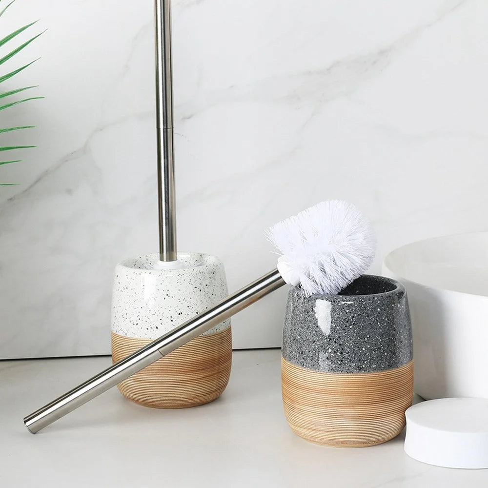 Long Handle Toilet Brush Bathroom Cleaning Tool with Ceramic Base Holder - White - 2