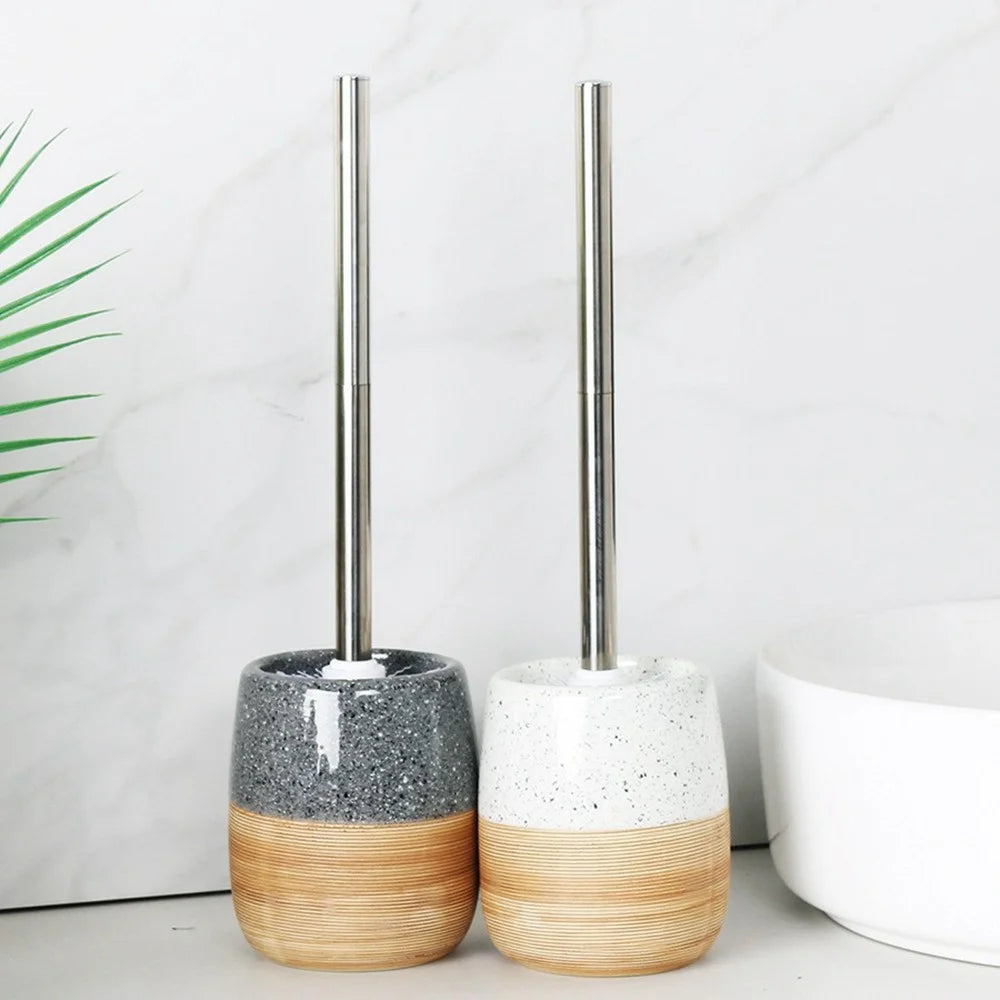 Long Handle Toilet Brush Bathroom Cleaning Tool with Ceramic Base Holder - White - 3