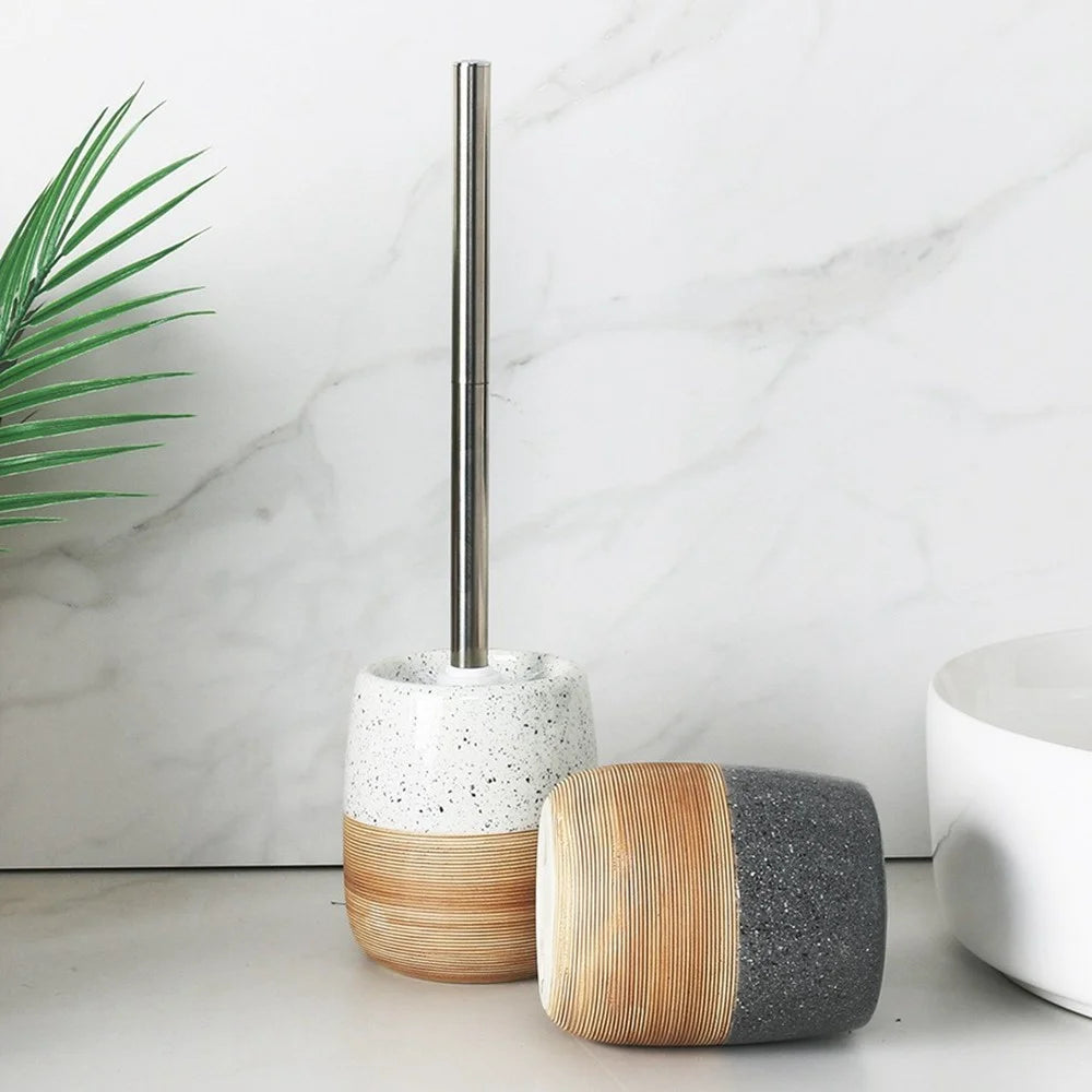 Long Handle Toilet Brush Bathroom Cleaning Tool with Ceramic Base Holder - White - 5