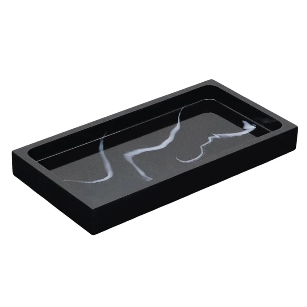 Bathroom Vanity Marble Pattern Resin Tray Hotel Toiletries Organizer Decorative Storage Container - Black - 1
