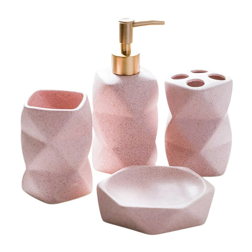 4Pcs / Set Ceramic Bathroom Accessories Nordic Style Lotion Dispenser Bottle Toothbrush Holder Soap Dish Mouthwash Cup - Pink - 1
