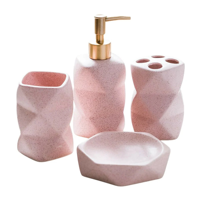 4Pcs / Set Ceramic Bathroom Accessories Nordic Style Lotion Dispenser Bottle Toothbrush Holder Soap Dish Mouthwash Cup - Pink - 1