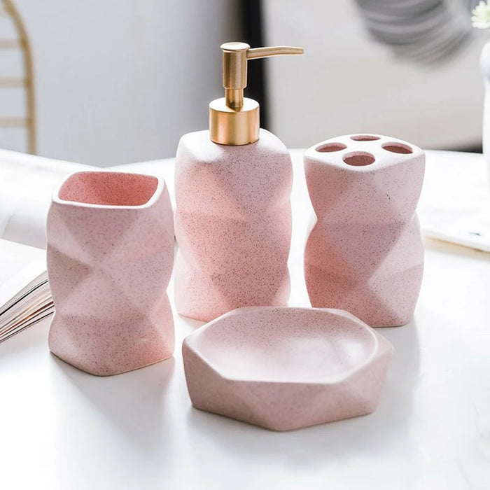 4Pcs / Set Ceramic Bathroom Accessories Nordic Style Lotion Dispenser Bottle Toothbrush Holder Soap Dish Mouthwash Cup - Pink - 2