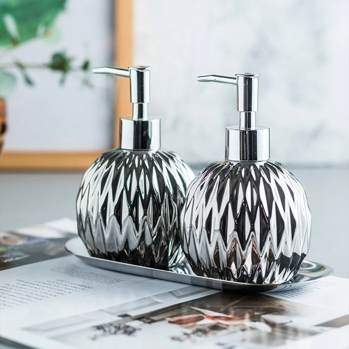 400ml Ceramic Refillable Dispenser Bottle Hand Soap Shower Gel Shampoo Lotion Hotel Bathroom Pump Bottle - Silver - 2
