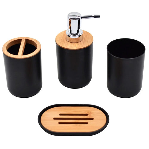 4Pcs / Set PP + Bamboo Bathroom Accessories Toothbrush Holder Soap Dish Lotion Dispenser Bottle Rinse Cup - Black - 1
