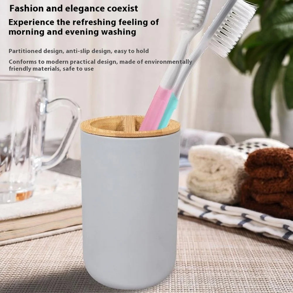 4Pcs / Set PP + Bamboo Bathroom Accessories Toothbrush Holder Soap Dish Lotion Dispenser Bottle Rinse Cup - Black - 5