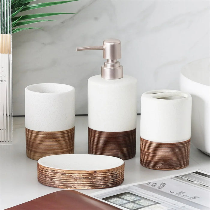 Vintage Ceramic Bathroom Accessories Set Lotion Dispenser Soap Dish Toothbrush Holder Rinsing Cup - 3