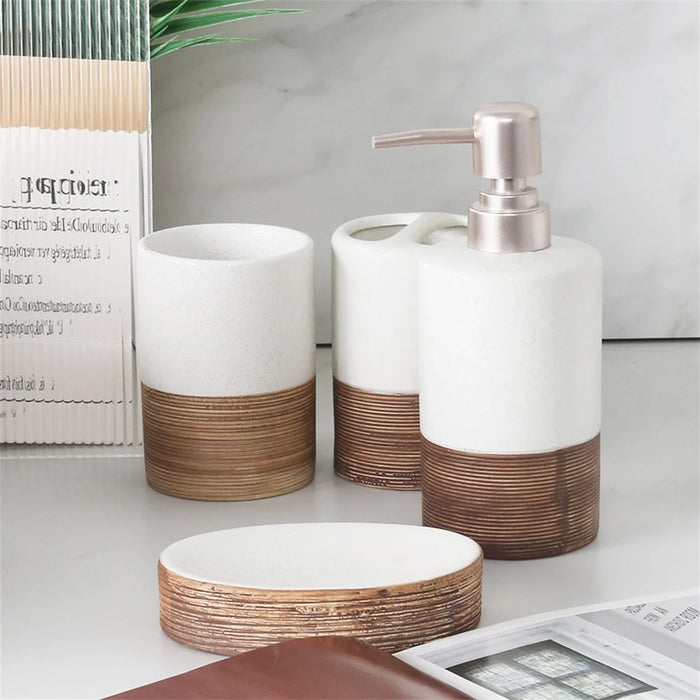 Vintage Ceramic Bathroom Accessories Set Lotion Dispenser Soap Dish Toothbrush Holder Rinsing Cup - 5