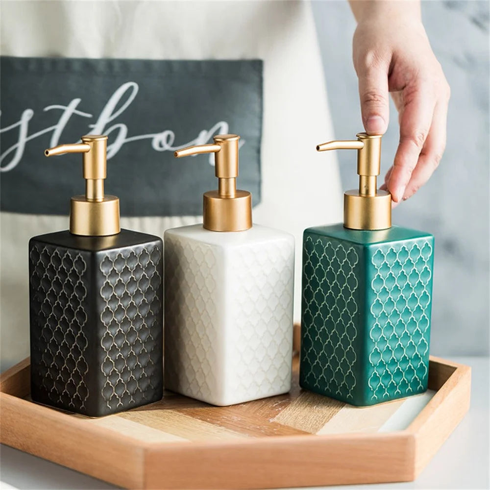 360ml Ceramic Bathroom Refillable Pump Bottle for Hand Soap Shampoo Body Wash - Blackish Green - 2