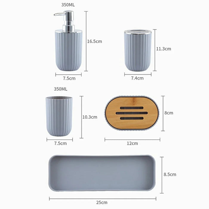 5Pcs / Set Bathroom Accessories Toothbrush Holder Rinse Cup Soap Dish Lotion Dispenser with Organizer Tray - Grey - 4
