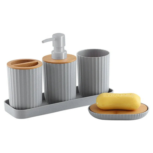 5Pcs / Set Bathroom Accessories Bamboo + Plastic Toothbrush Holder Rinse Cup Soap Dish Lotion Dispenser with Tray - Grey - 1