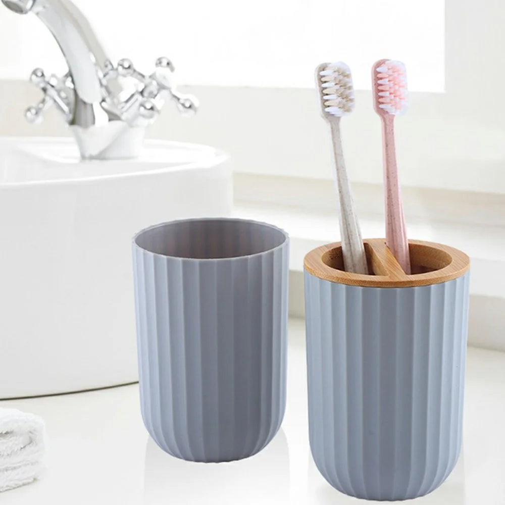 5Pcs / Set Bathroom Accessories Bamboo + Plastic Toothbrush Holder Rinse Cup Soap Dish Lotion Dispenser with Tray - Grey - 4