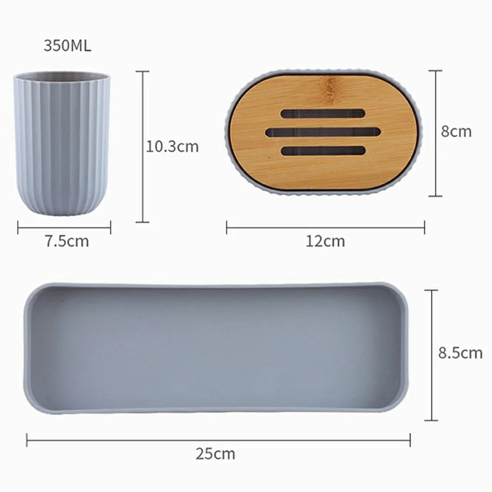 5Pcs / Set Bathroom Accessories Bamboo + Plastic Toothbrush Holder Rinse Cup Soap Dish Lotion Dispenser with Tray - Grey - 6