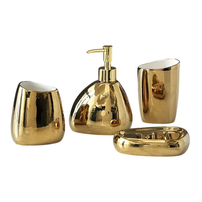 4Pcs / Set Ceramic Bathroom Accessories Toothbrush Holder Lotion Dispenser Bottle Rinsing Cup Soap Dish - Gold - 1