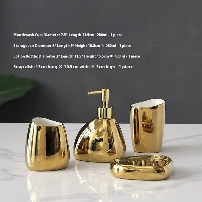 4Pcs / Set Ceramic Bathroom Accessories Toothbrush Holder Lotion Dispenser Bottle Rinsing Cup Soap Dish - Gold - 2