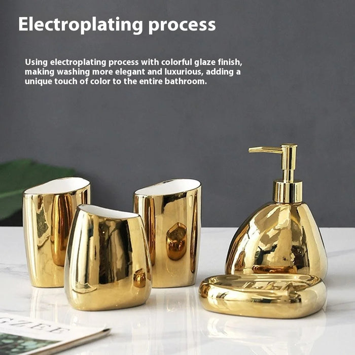 4Pcs / Set Ceramic Bathroom Accessories Toothbrush Holder Lotion Dispenser Bottle Rinsing Cup Soap Dish - Gold - 3